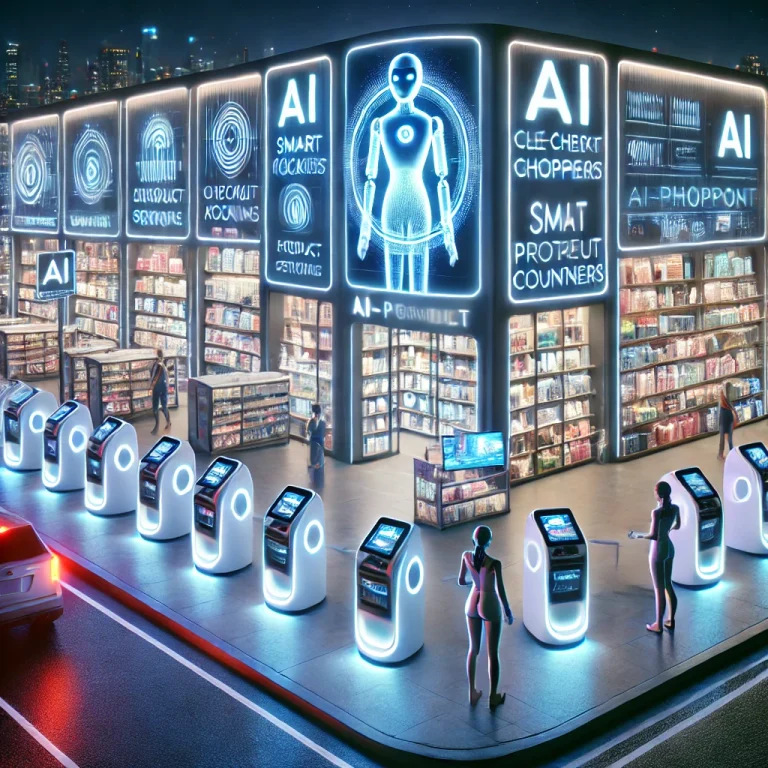 A futuristic AI-powered retail store on a highway at night with digital screens, automated checkout, and robotic assistants.