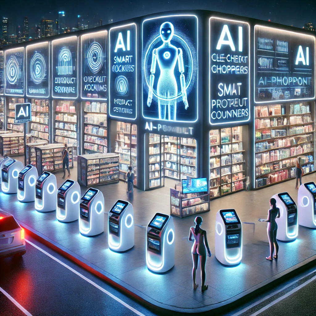 A futuristic AI-powered retail store on a highway at night with digital screens, automated checkout, and robotic assistants.