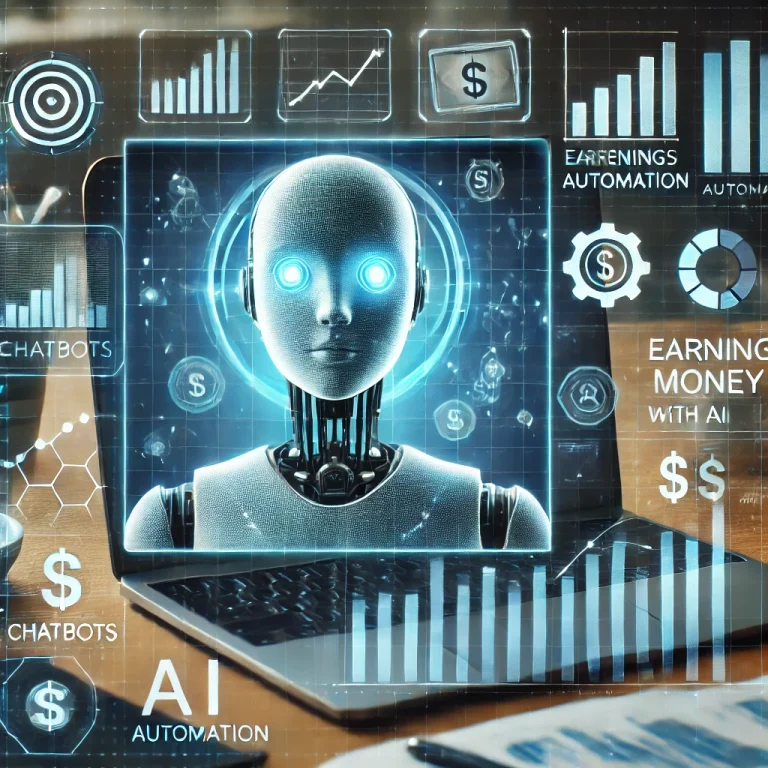Futuristic AI chatbot workspace with earnings and automation statistics