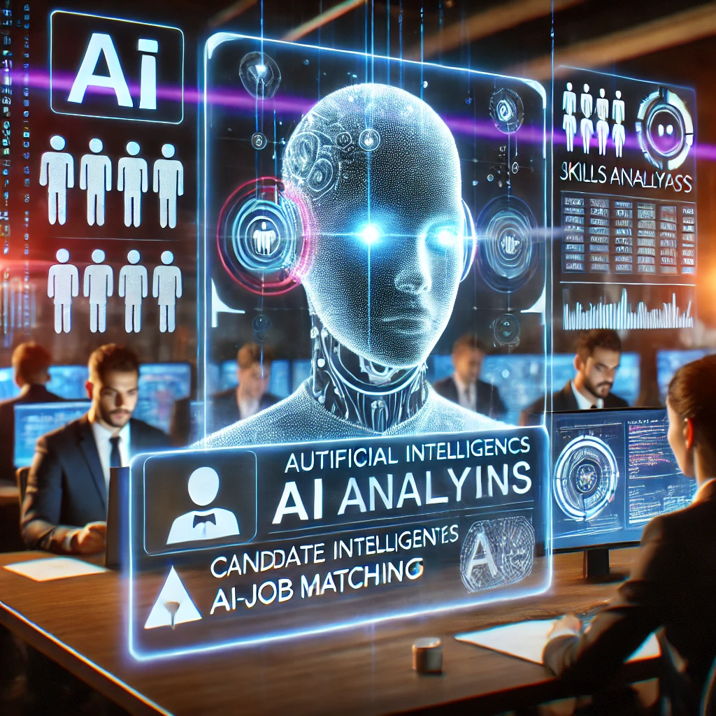AI analyzing job candidates through big data with a holographic display showing candidate rankings and skill assessments.