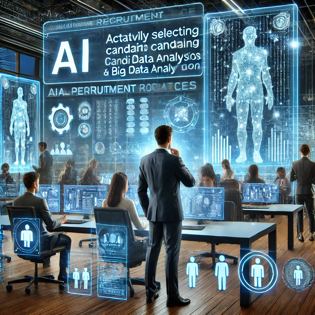 AI-powered recruitment office with holographic projections of candidate profiles and AI-driven hiring decisions.