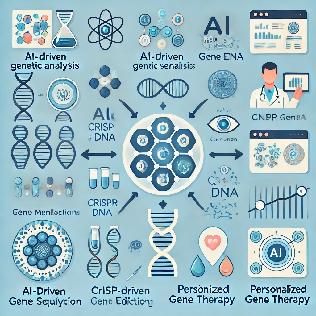 Infographic explaining AI in DNA sequencing and gene editing, showcasing AI-driven genetic analysis, CRISPR modifications, synthetic DNA creation, and personalized gene therapy.
