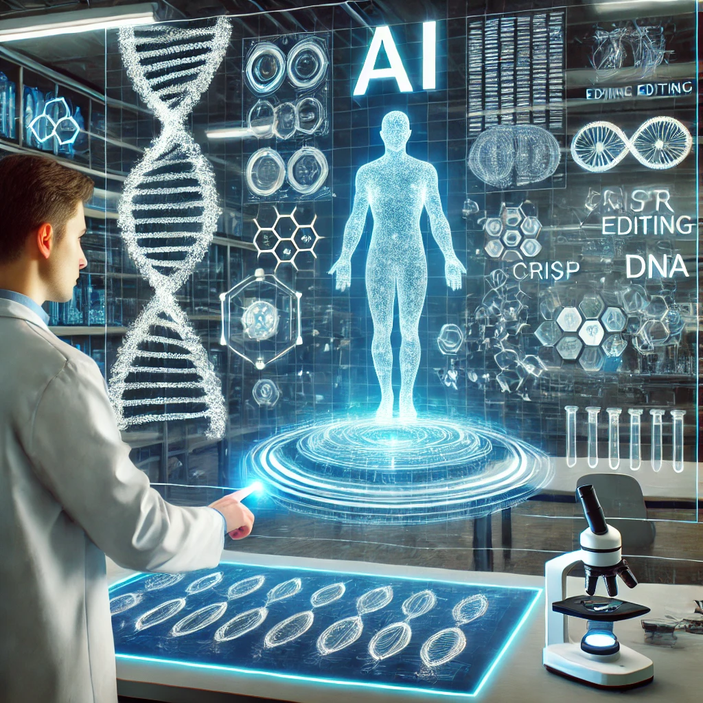 A futuristic genetic research lab where a scientist interacts with an AI-powered holographic display, designing and modifying human DNA through CRISPR technology.