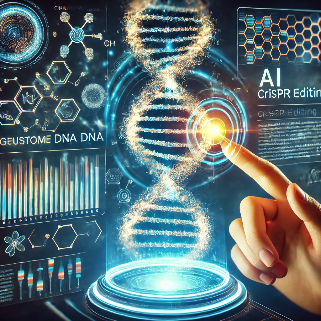 Futuristic AI-powered DNA creation with a glowing double-helix strand designed by an AI system, featuring CRISPR editing tools and holographic genetic data.