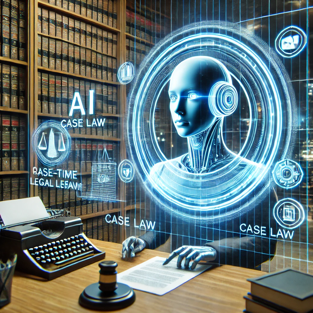 A futuristic AI-powered virtual lawyer assisting a person through a holographic interface, providing real-time legal guidance and automated document generation.