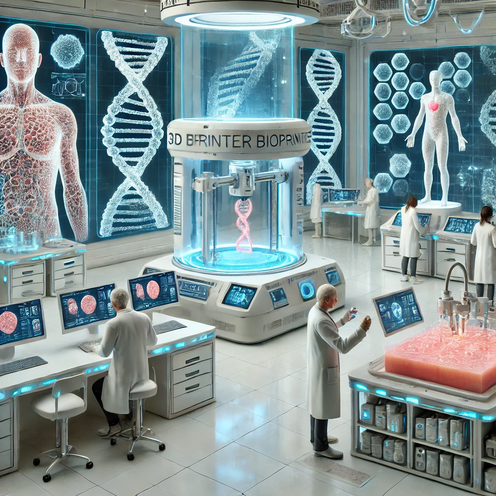 A futuristic medical lab with a 3D bioprinter printing human skin tissues, assisted by AI-powered robotic arms and holographic DNA projections.