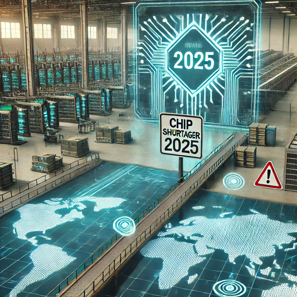 Futuristic digital representation of the global chip shortage in 2025, showing supply chain disruptions and semiconductor factory delays.
