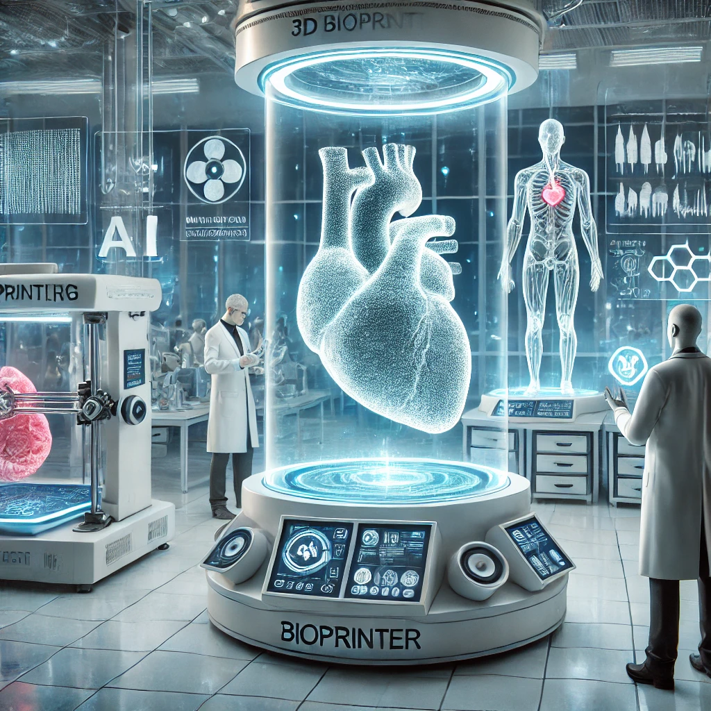 A high-tech 3D bioprinting lab with scientists monitoring a bioprinter printing a human heart using bio-inks and holographic data screens.